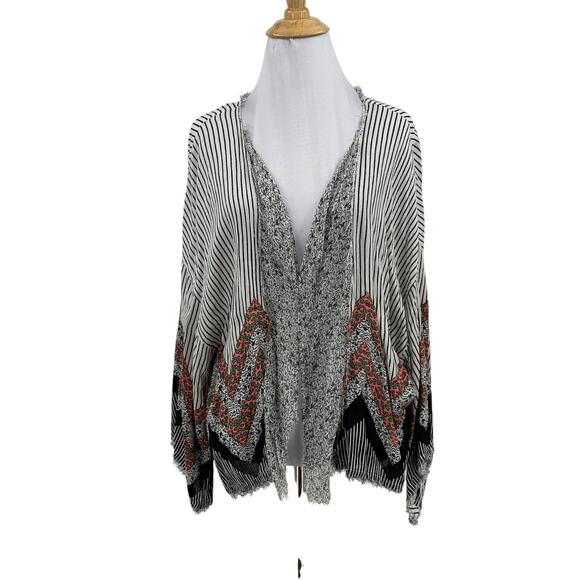 Free People Cardigan Womens M/L Fringe Knit Kimono Striped Wide Open Front - Picture 1 of 10